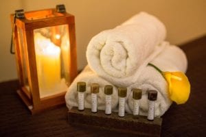 Spa towels, lantern and essential oils.
