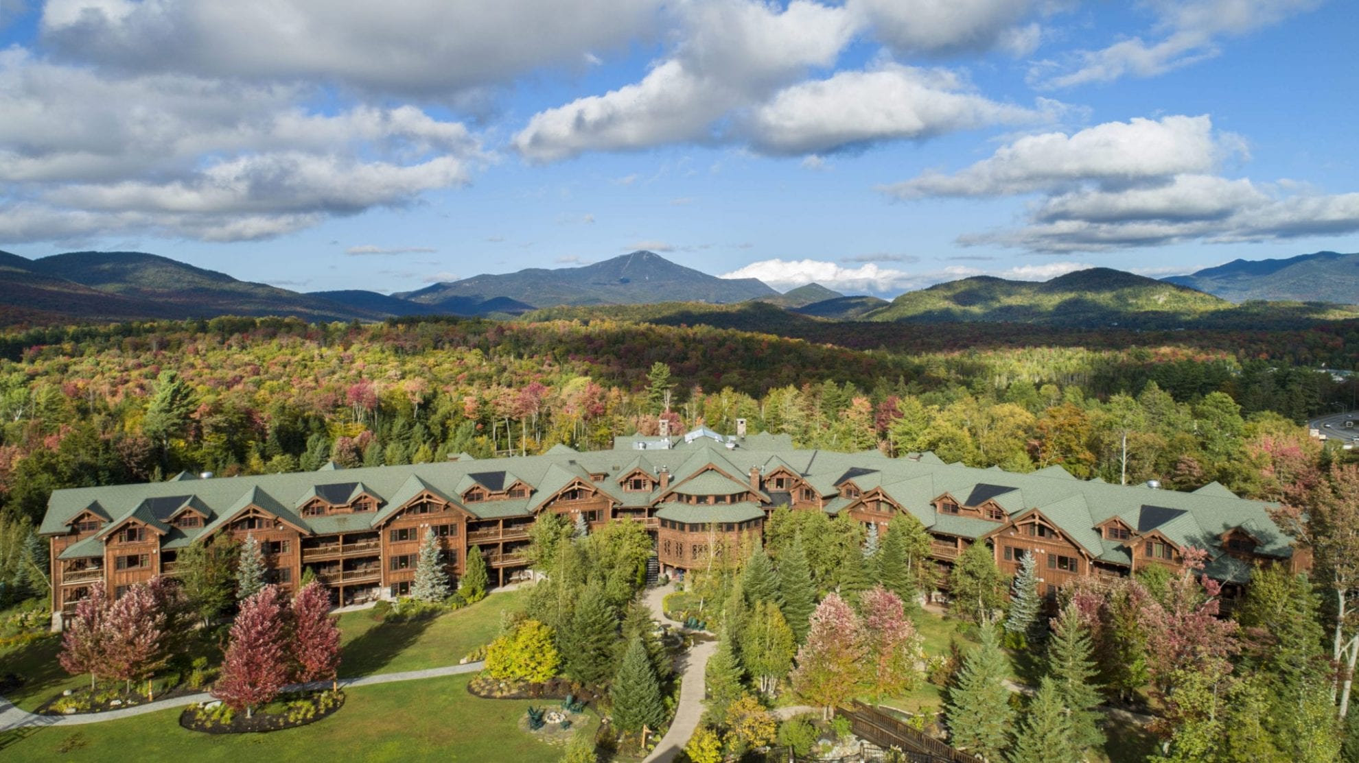 Aerial view of the Whiteface Lodge and forest.