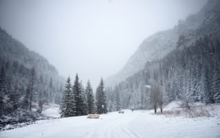 Snowy hills and roads.