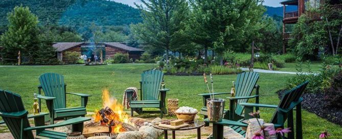 The view of a firepit at Whiteface Lodge, a family resort in Lake Placid