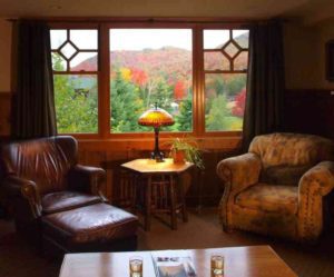 A view of the fall foliage from a room at Whiteface Lodge in Lake Placid
