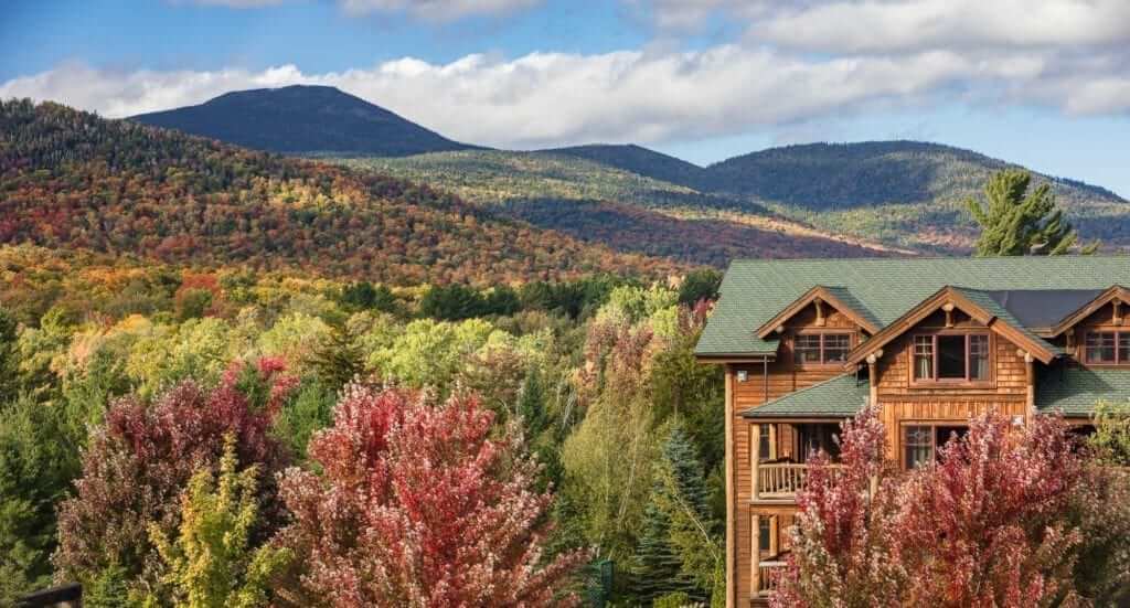 A view of the fall foliage surrounding Whiteface Lodge in Lake Placid