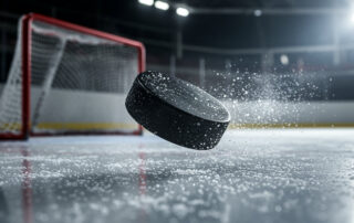 A puck hurling through the air towards an empty hockey net at an empty arena